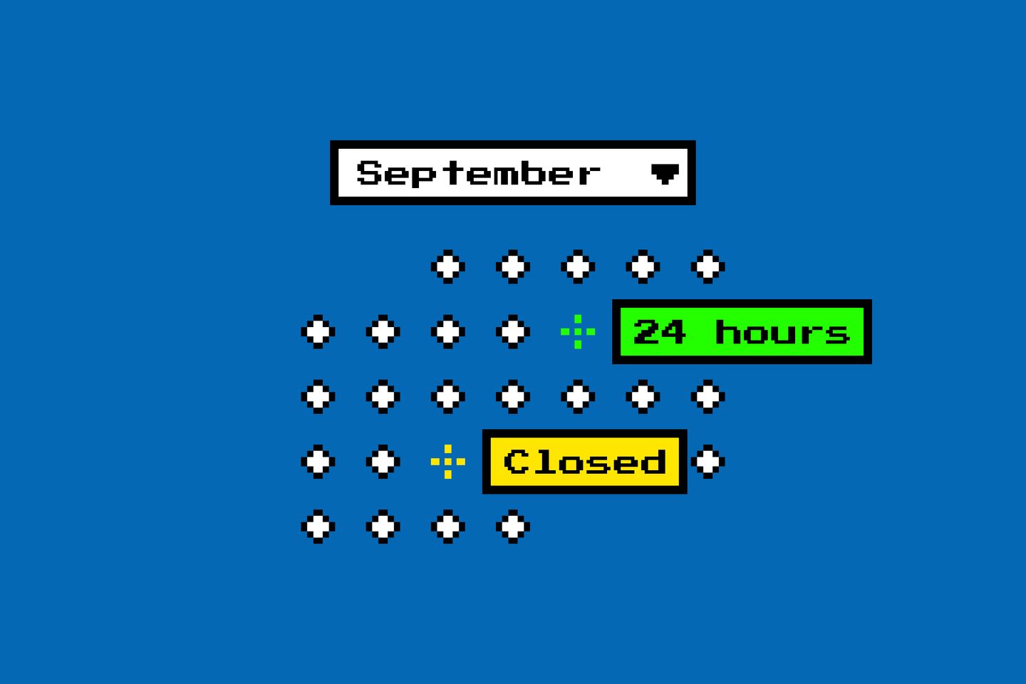 Illustration of a calendar with two days highlighted, one marked “24 hours” and the other marked “Closed”