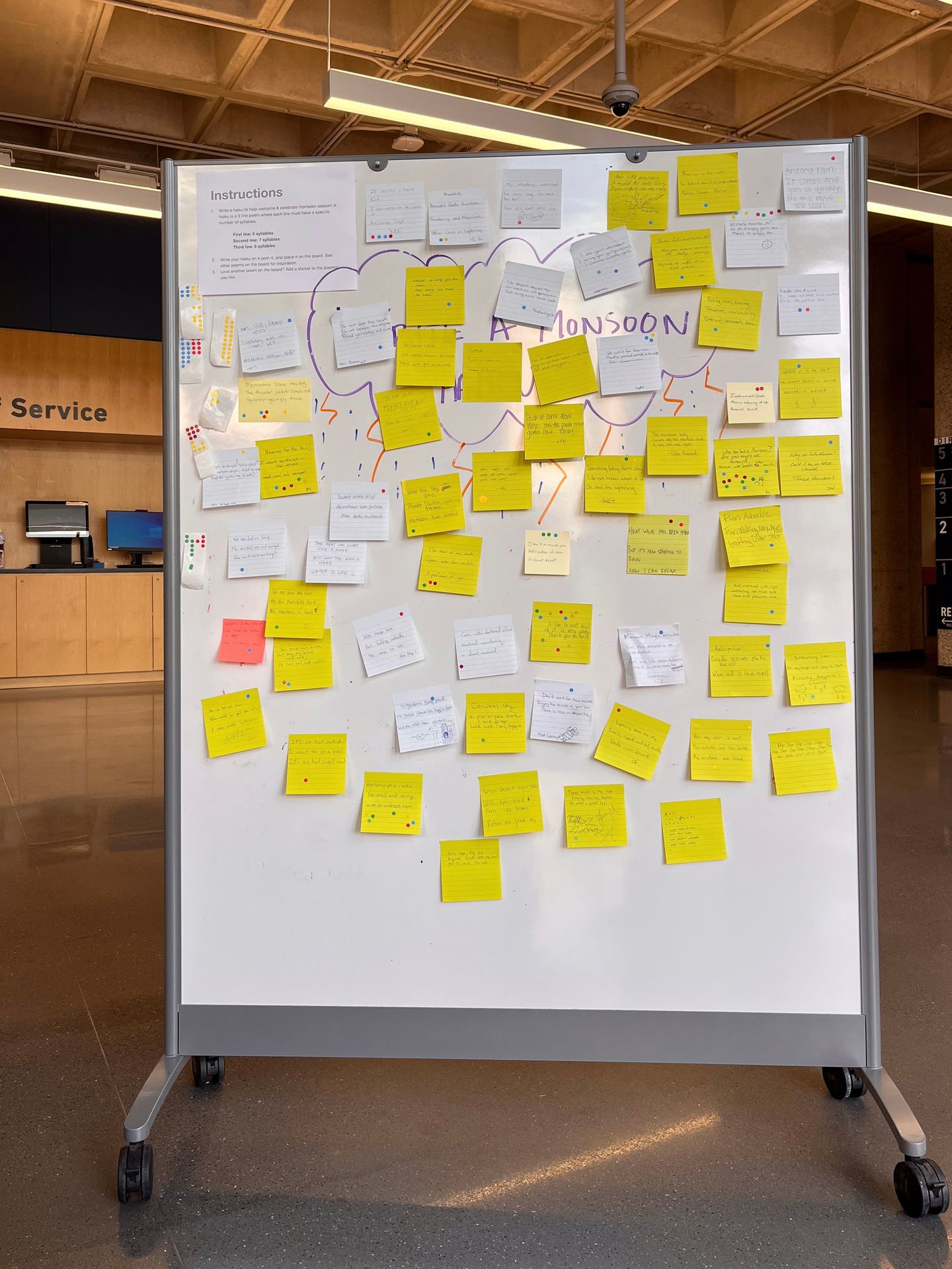 A whiteboard in an open space covered by white and yellow sticky notes