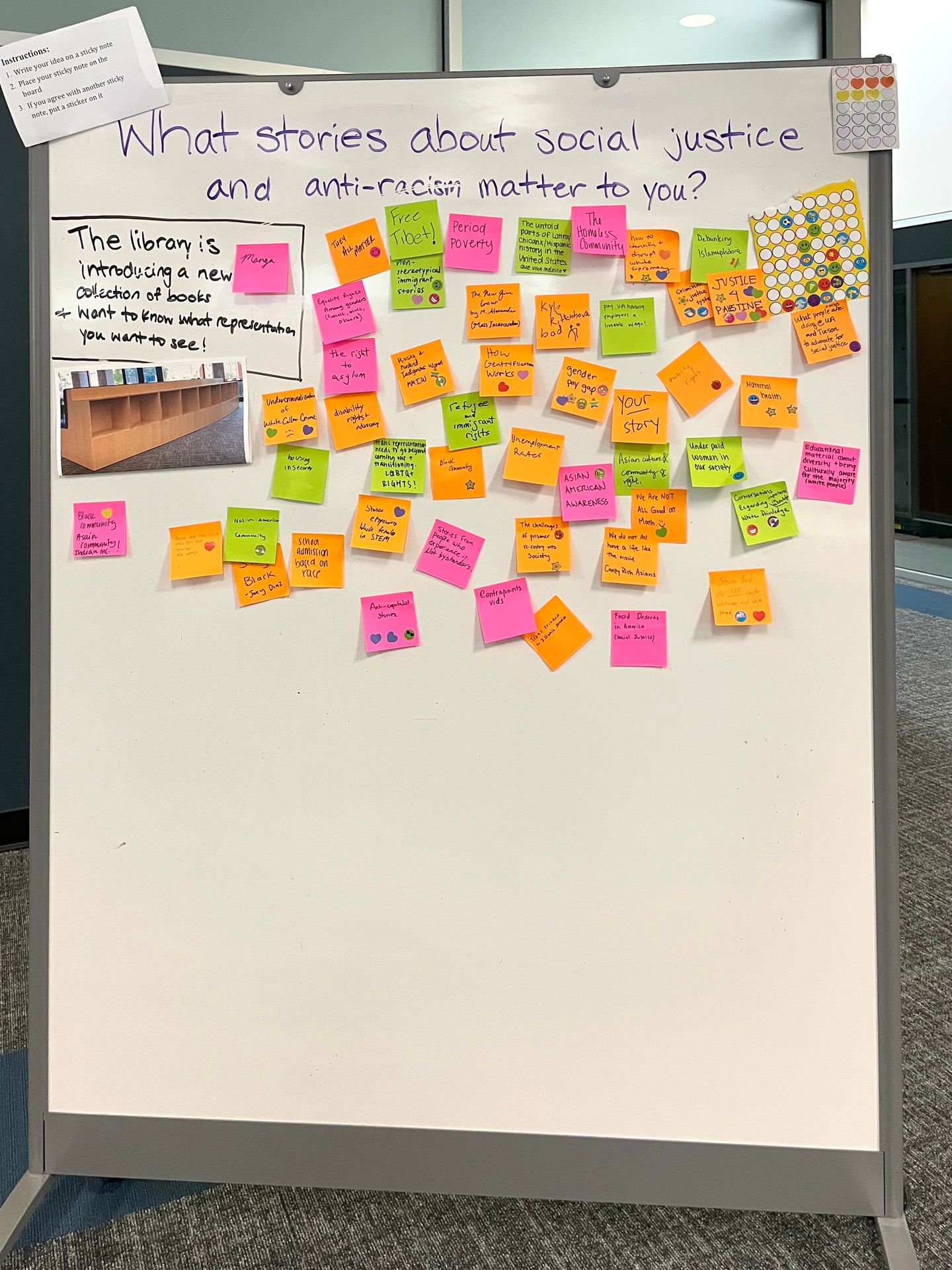 A whiteboard with a question: What stories about social justice and anti-racism matter to you? and answers on sticky notes