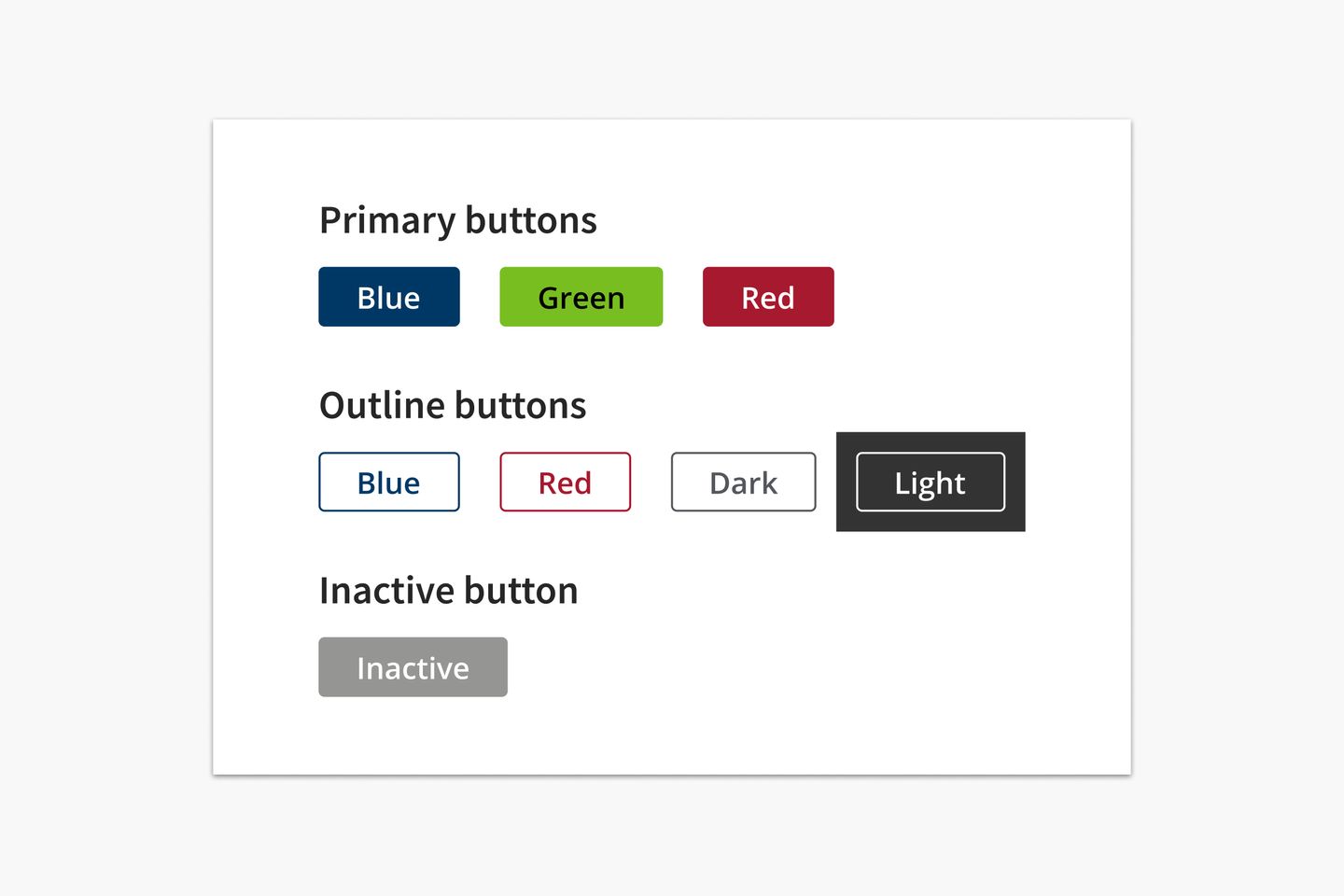 Primary buttons, secondary buttons, and inactive buttons on a webpage