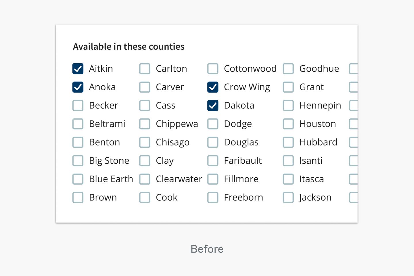 Question in a webform that includes 87 checkboxes for Minnesota’s counties
