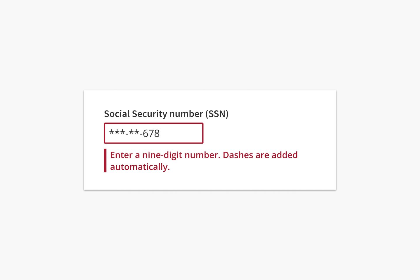 Form field for SSN input with an error message