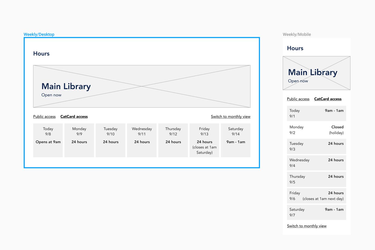 Library hours page wireframes