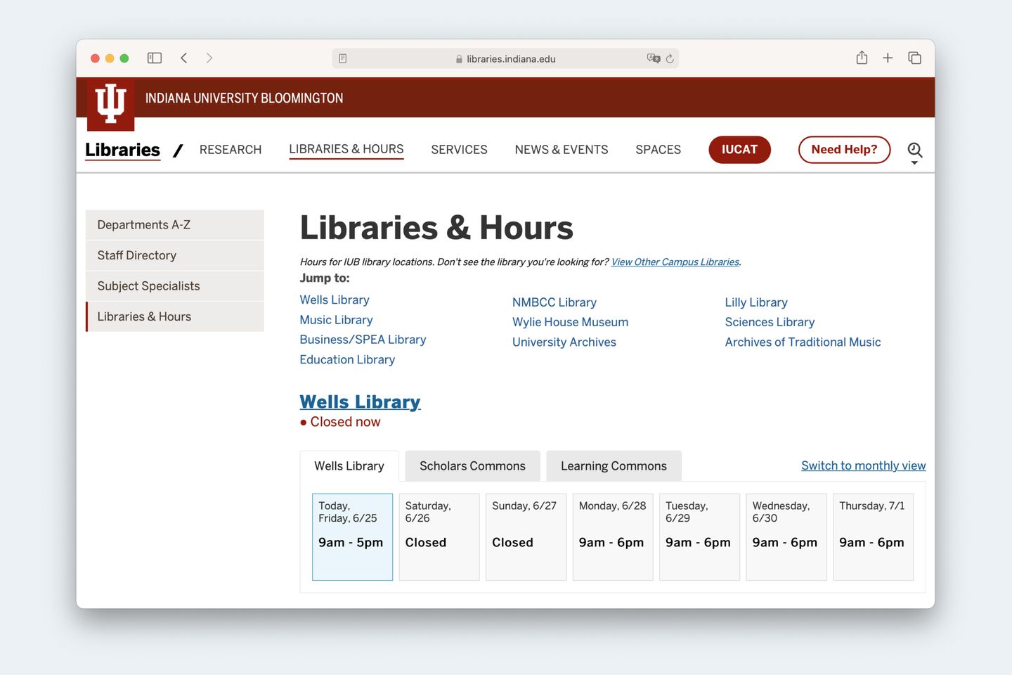 Screenshot of the Indiana University Bloomington’s libraries & hours page