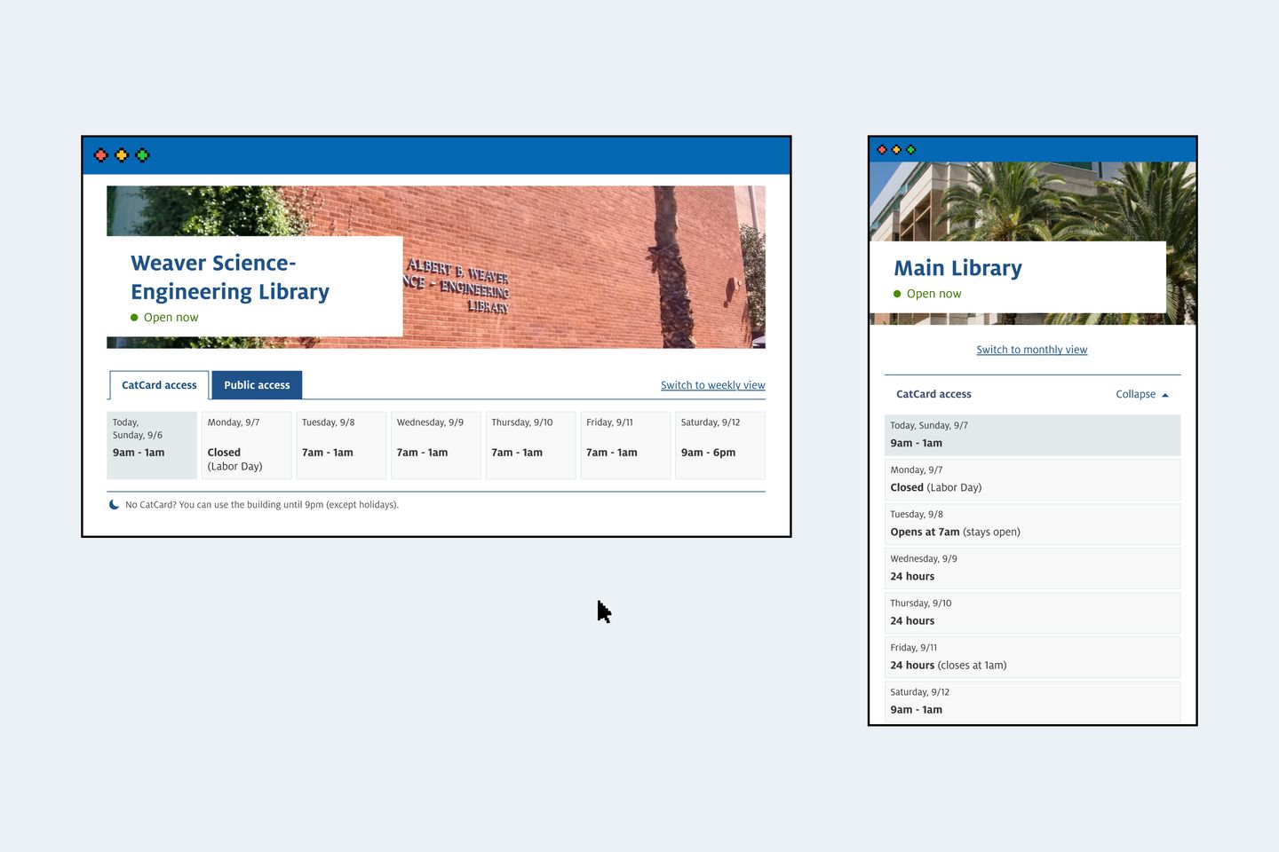 Design components used on the library hours page
