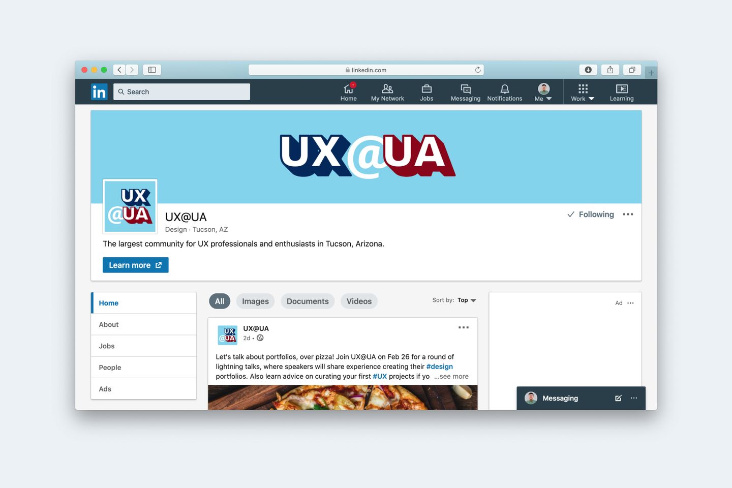 Screenshot of UX@UA's LinkedIn page with the logo in view